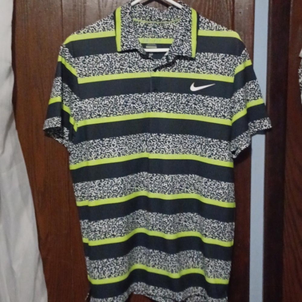 Nike Size L Striped Neon Green, Black and Chetah Patterns Dry-Fit. Tennis Polo.